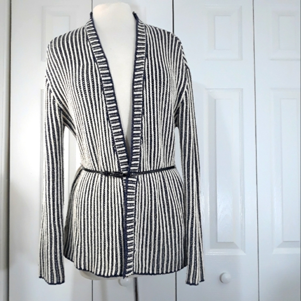 Anthropology The Korner Open Cardigan Long-Sleeve Blue and white Size S/M